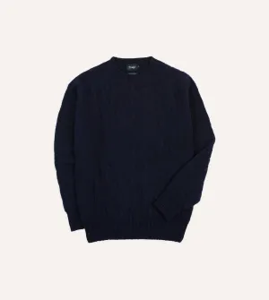 Navy Brushed Cable Knit Shetland Crew Neck Jumper Easy Fit Non Irritating