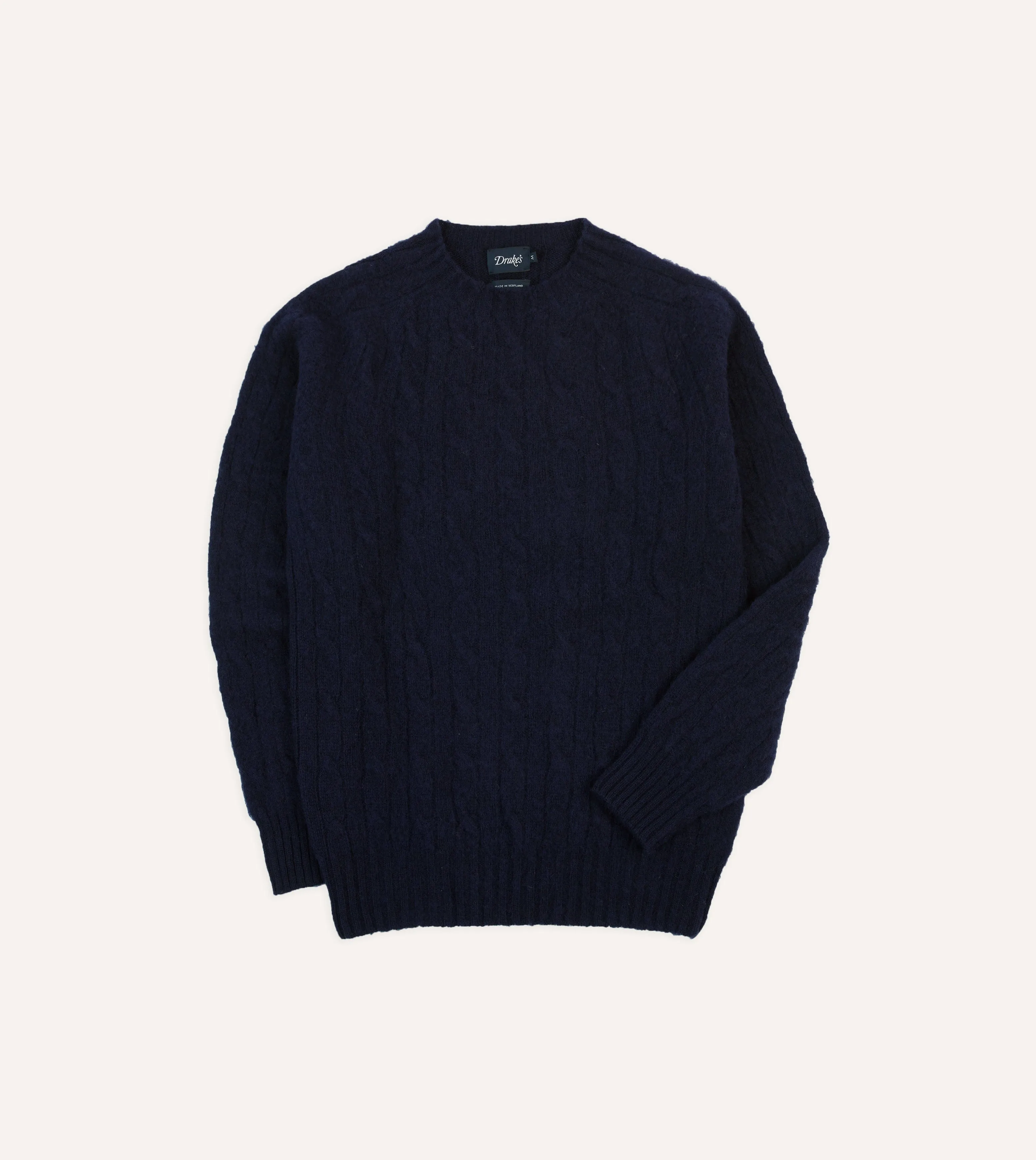 Navy Brushed Cable Knit Shetland Crew Neck Jumper Easy Fit Non Irritating
