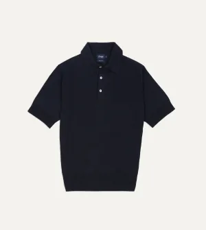 Navy Knitted Linen-Cotton Short-Sleeve Polo Shirt Polo Neckline Smart Look