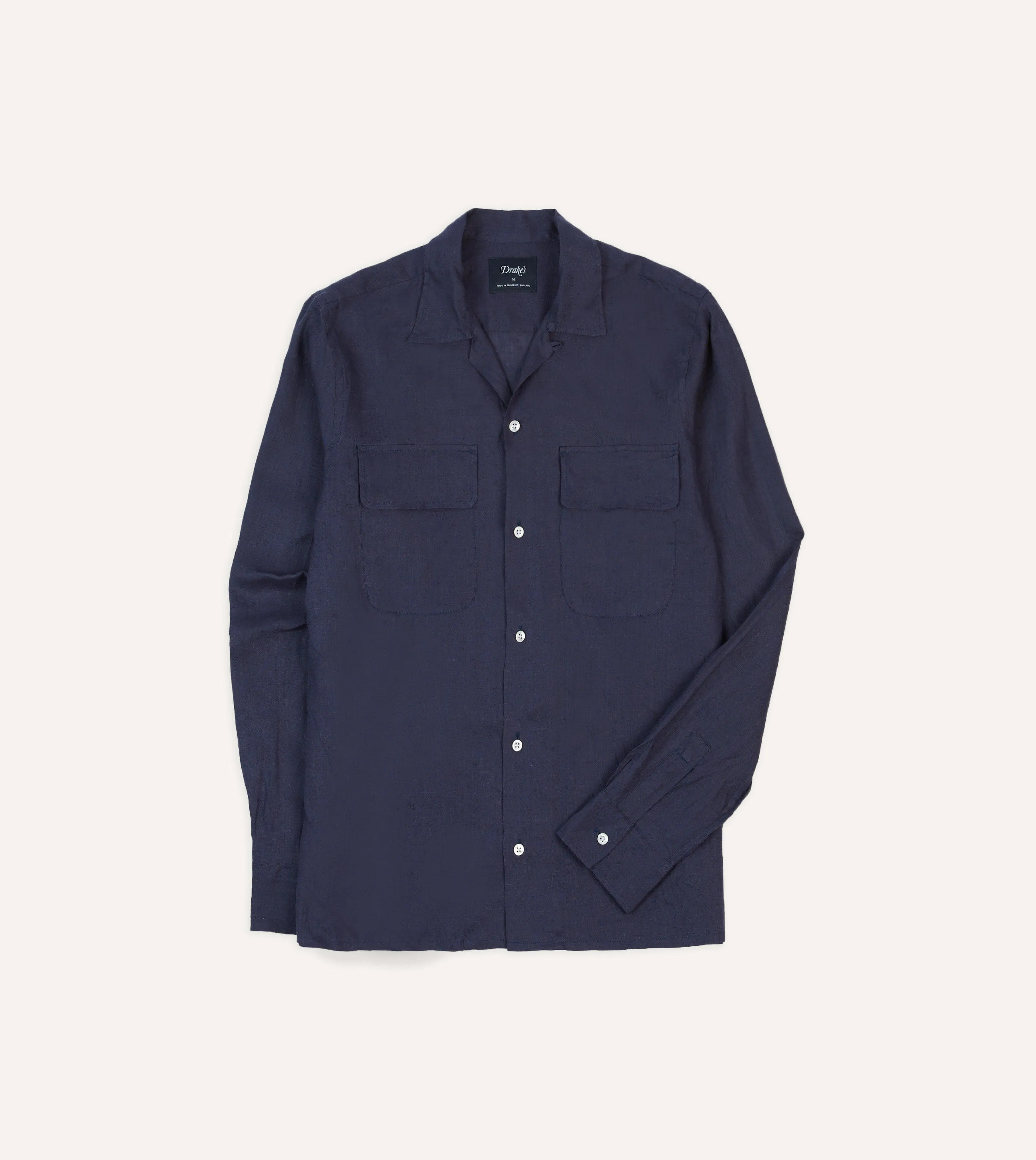 Navy Linen Camp Collar Long Sleeve Shirt Relaxed Design