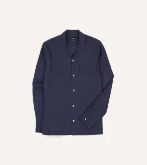 Navy Linen Camp Collar Long Sleeve Shirt Relaxed Design