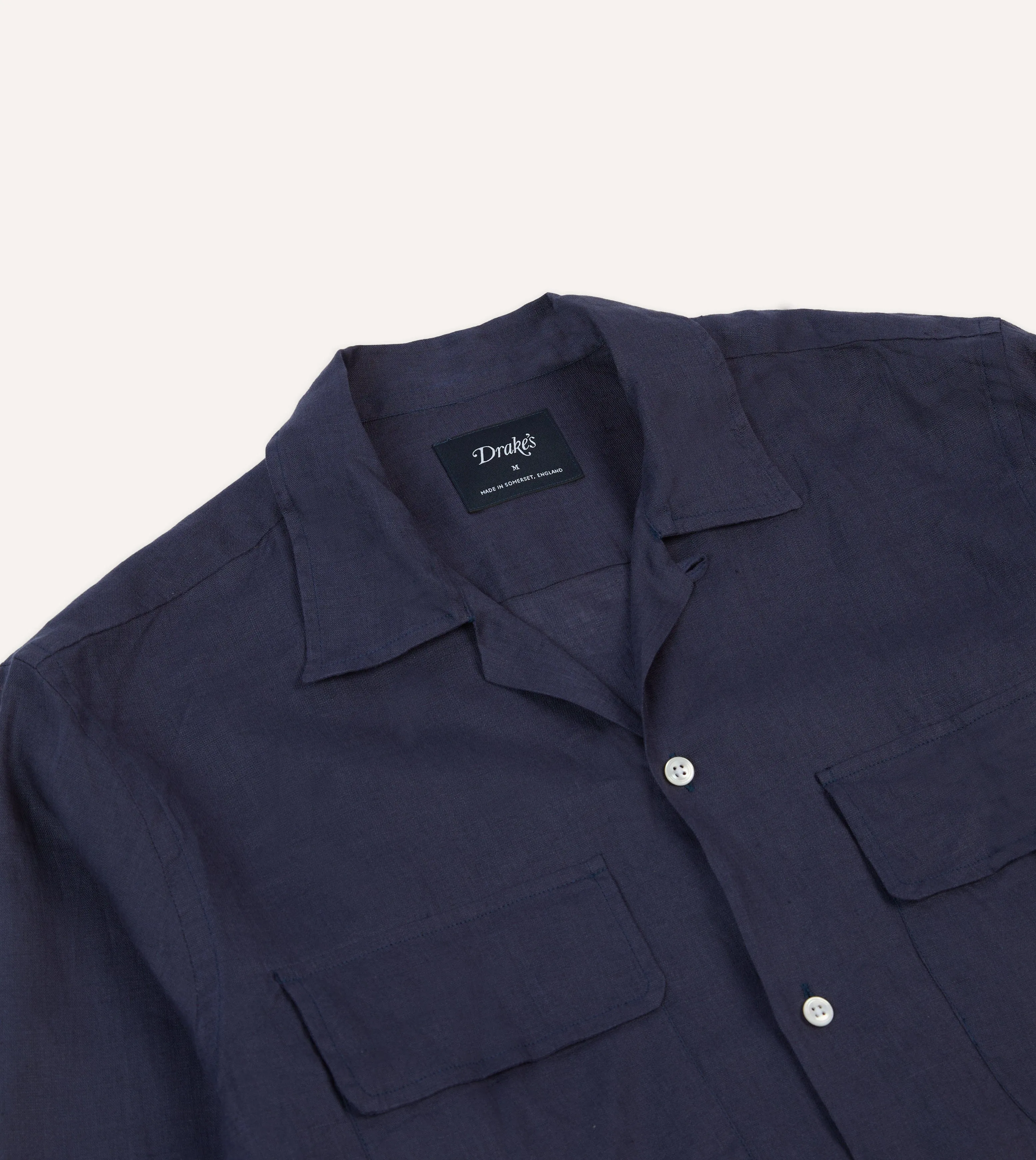 Relaxed Fit Design Navy Linen Camp Collar Long Sleeve Shirt
