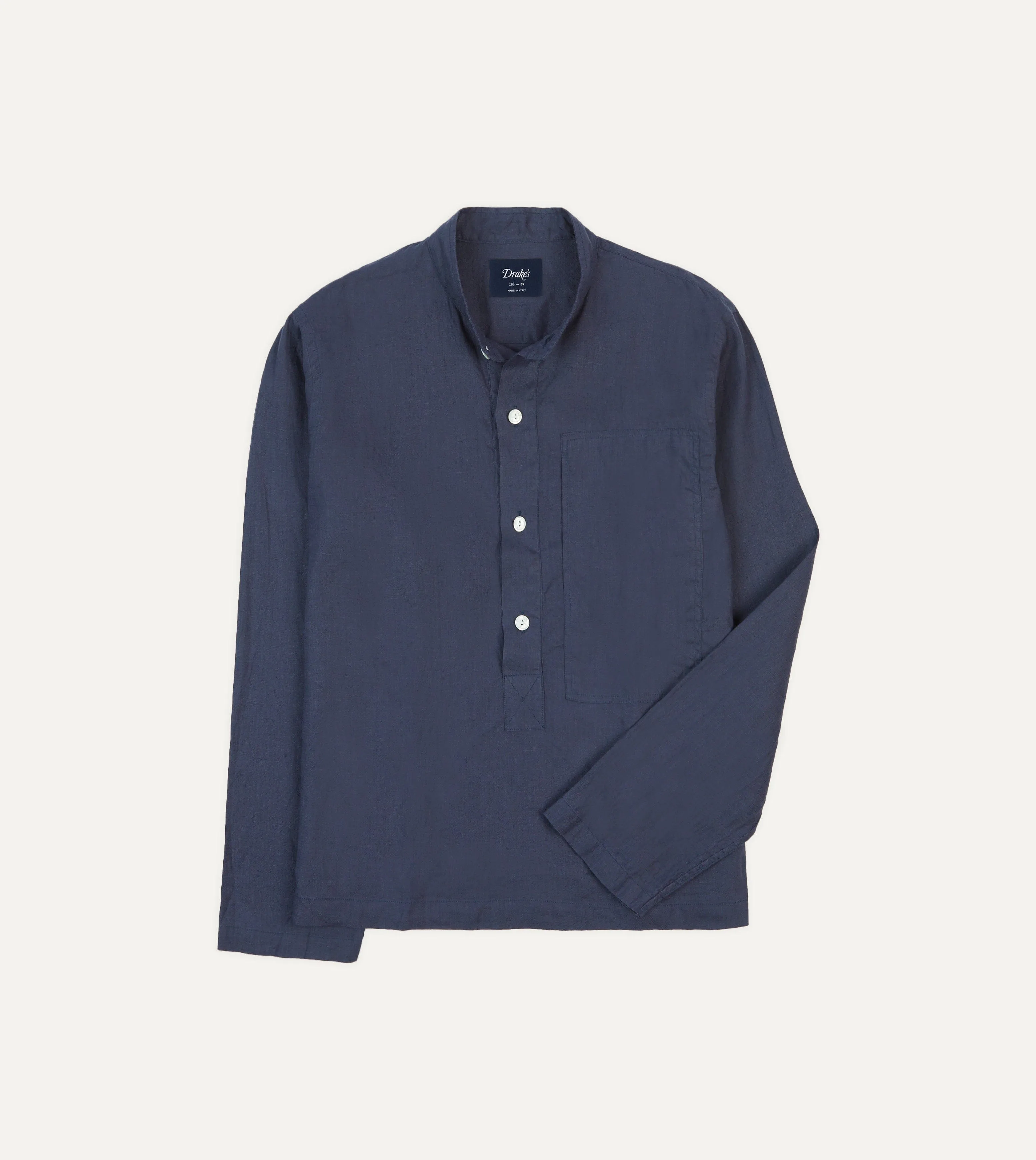 Lightweight Comfort Navy Linen Mandarin Collar Popover Shirt