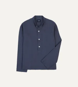 Lightweight Comfort Navy Linen Mandarin Collar Popover Shirt