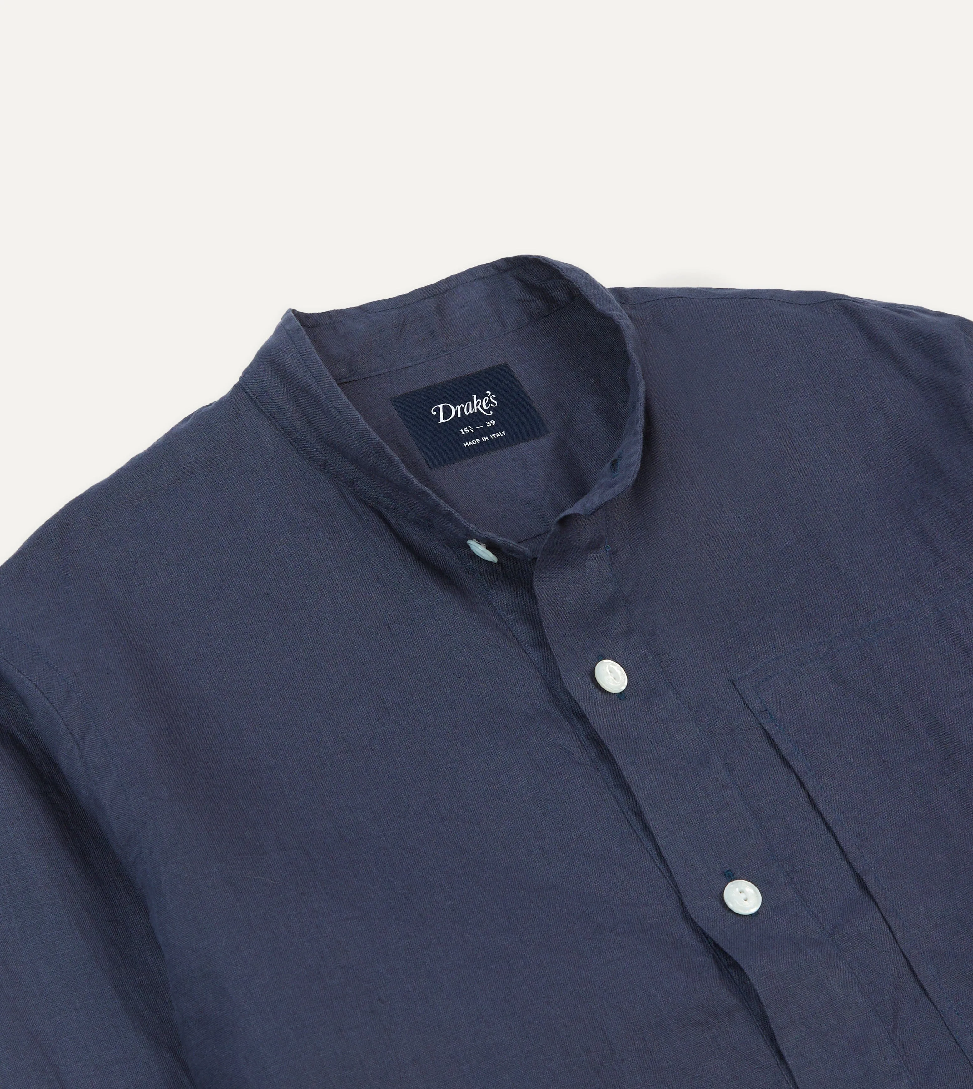Navy Linen Mandarin Collar Popover Shirt Versatile Style Trend HighThreadCount