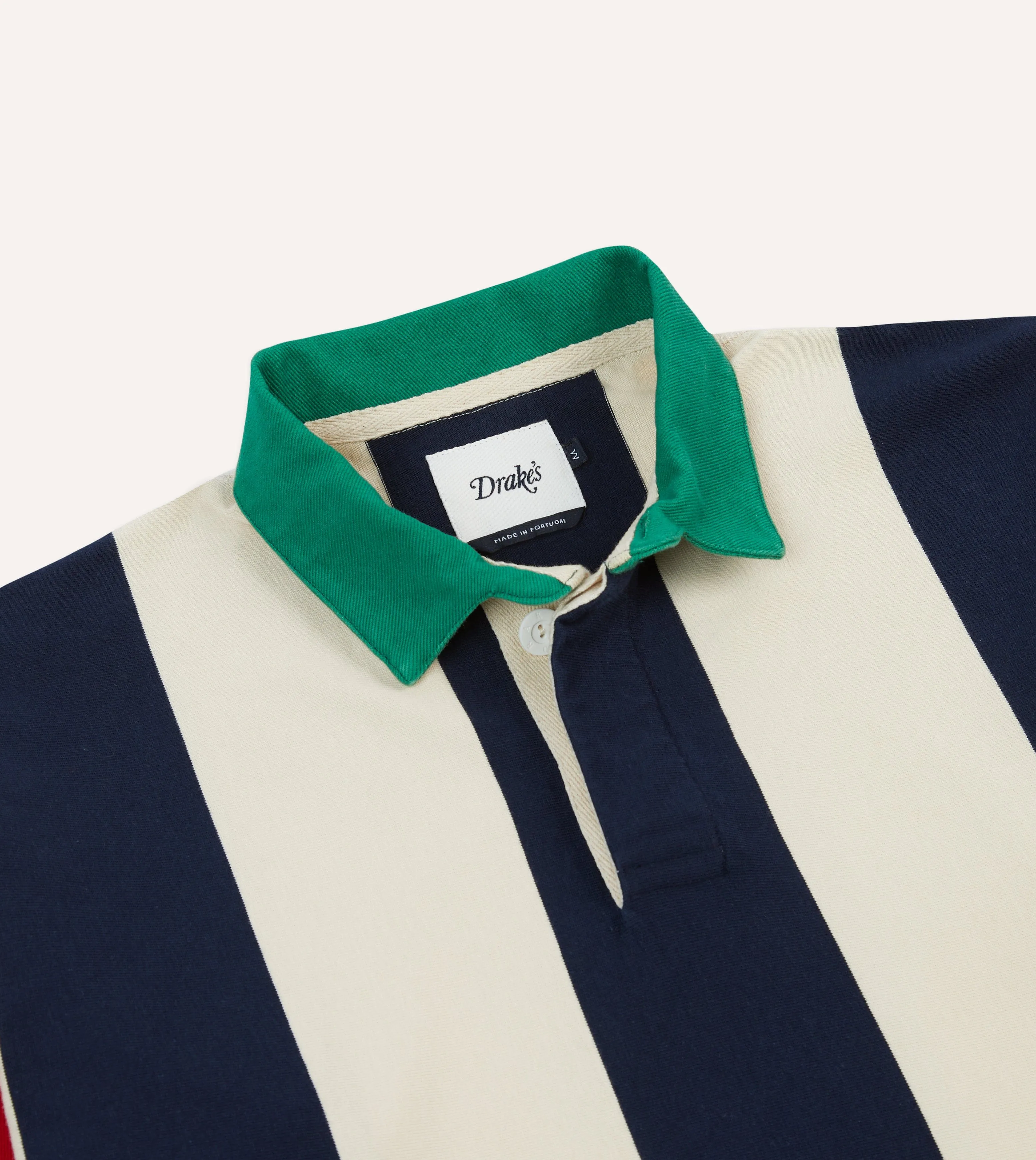 V neck elegance Timeless Comfort Wear Navy, Red and Ecru Vertical Block Stripe Cotton Rugby Shirt