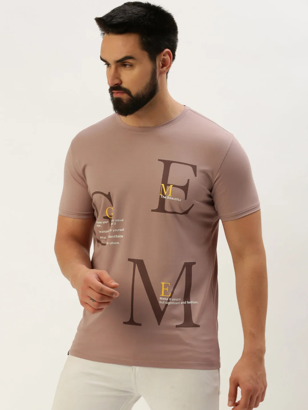 Washable Men's Mauve Typography Printed Slim Fit T-shirt