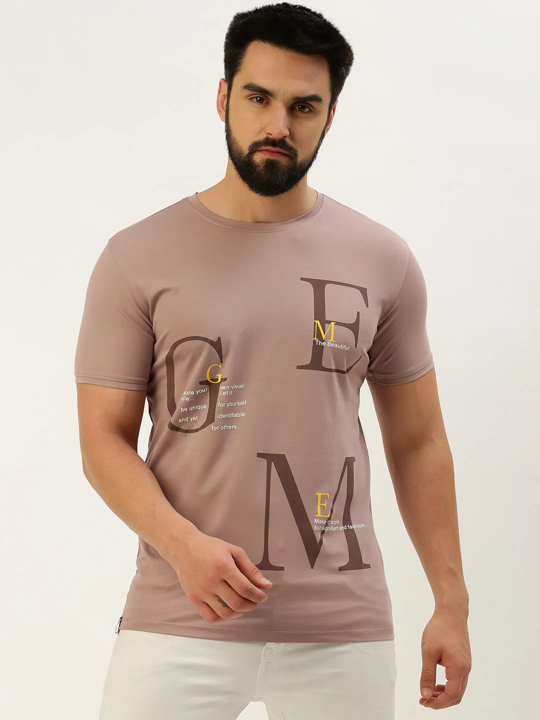 Hoodie Style product low end affordability Men's Mauve Typography Printed Slim Fit T-shirt