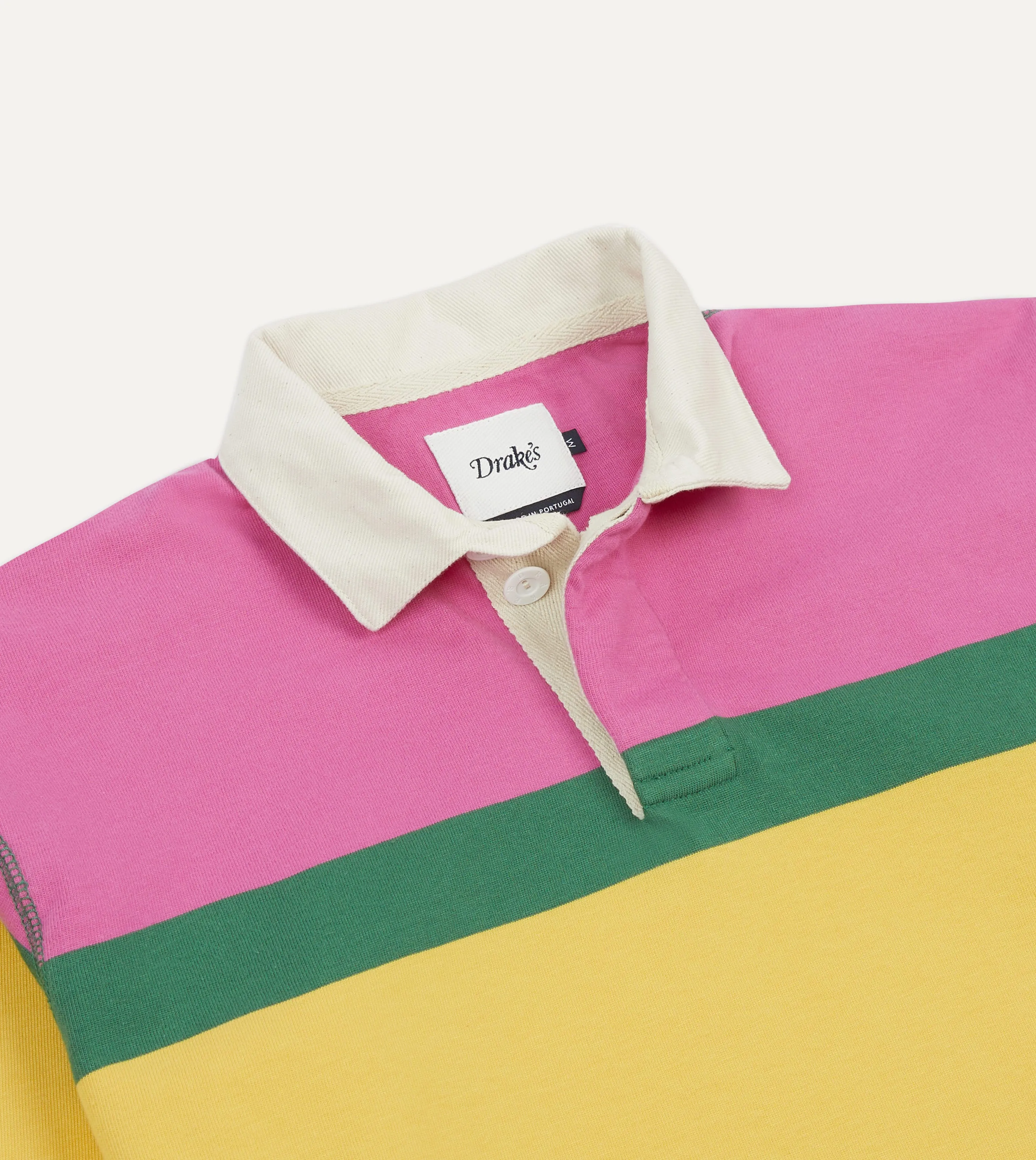 Pink, Green, Yellow and Navy Multi Stripe Cotton Rugby Shirt Flexible Weave Smooth Jersey Texture