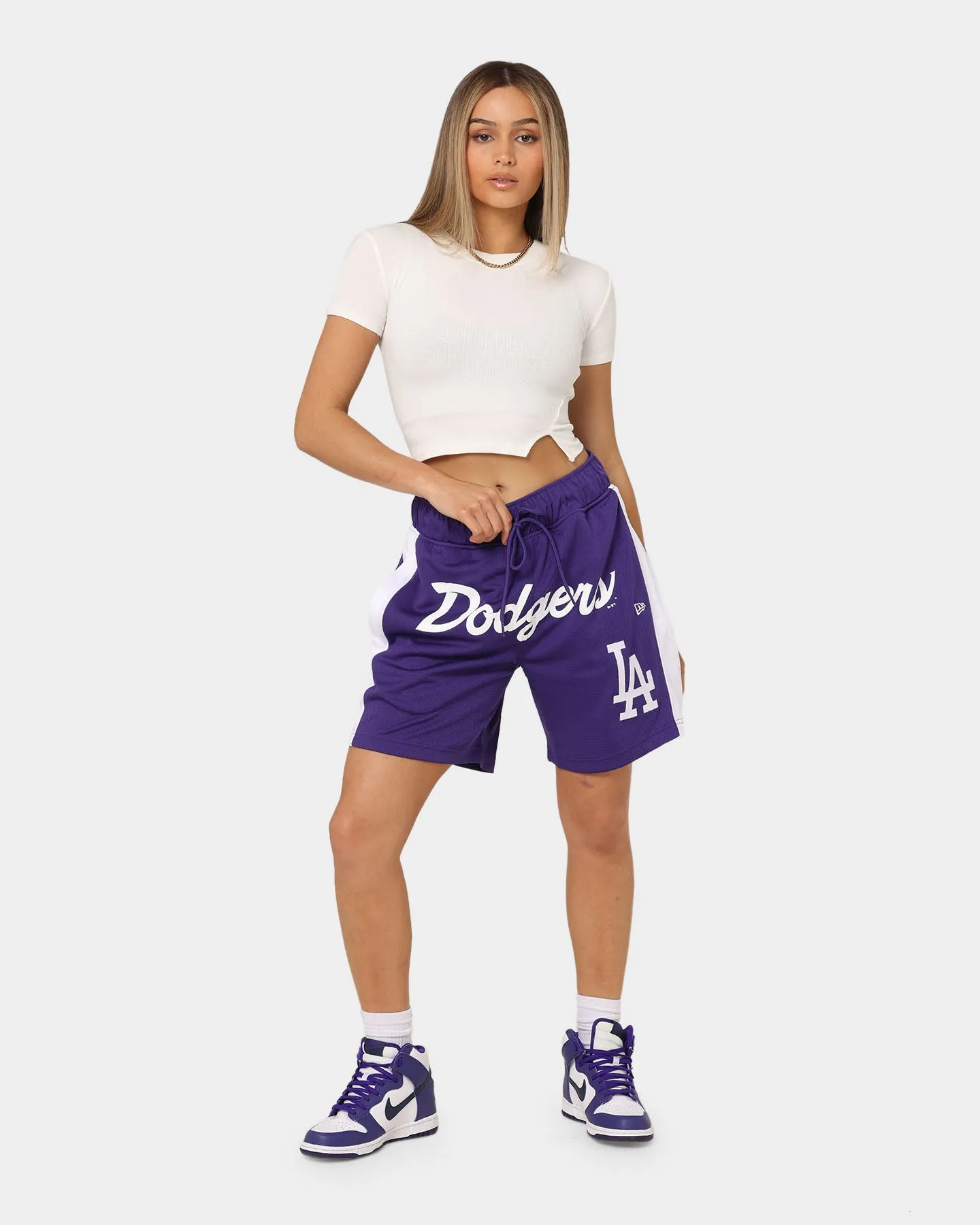Rubberized Waist Grip Balanced Design New Era Los Angeles Dodgers Basketball Shorts Purple