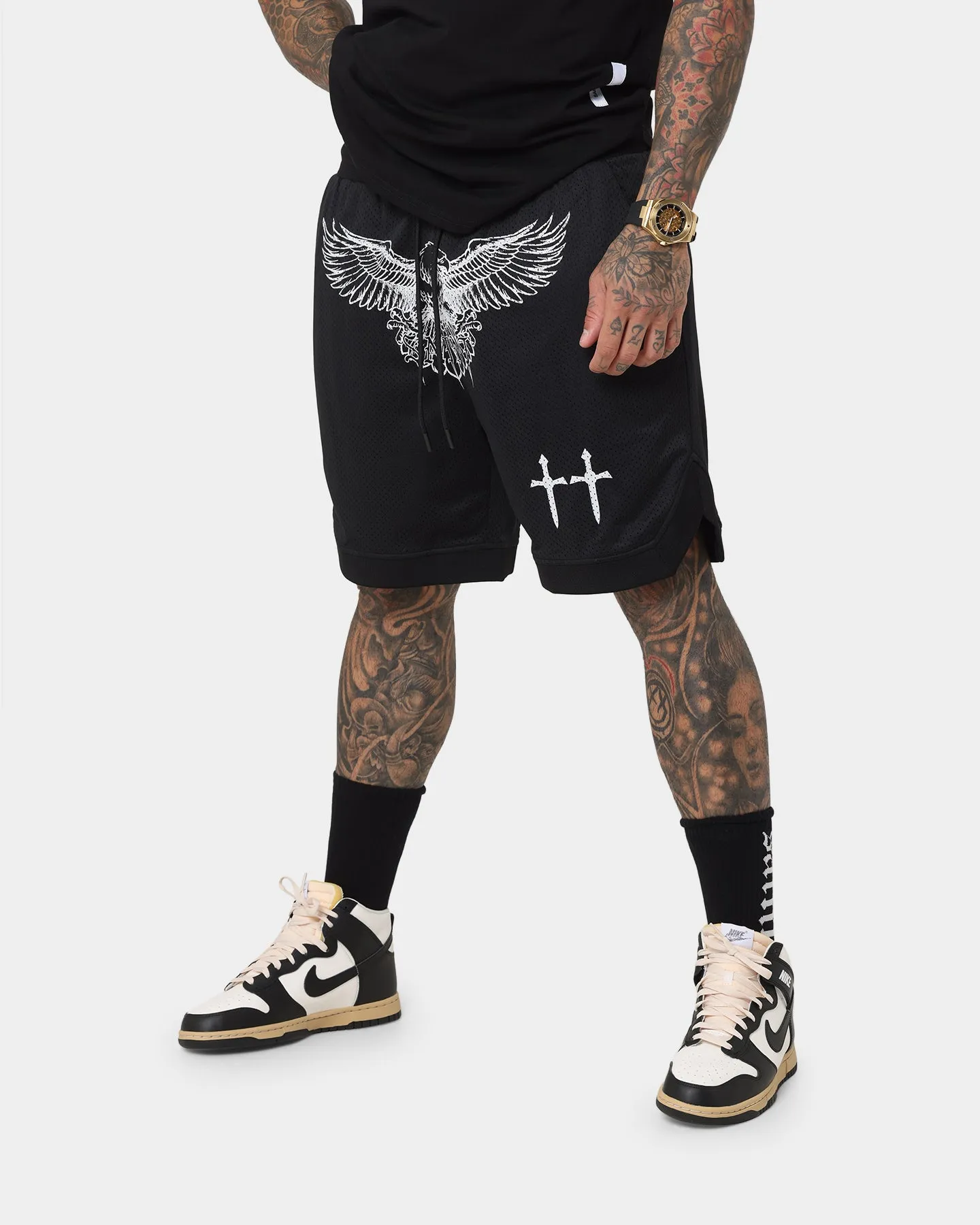 Saint Morta Bird Of Prey Basketball Shorts Black/White Moisture Wicking Lining Port Pocket Design