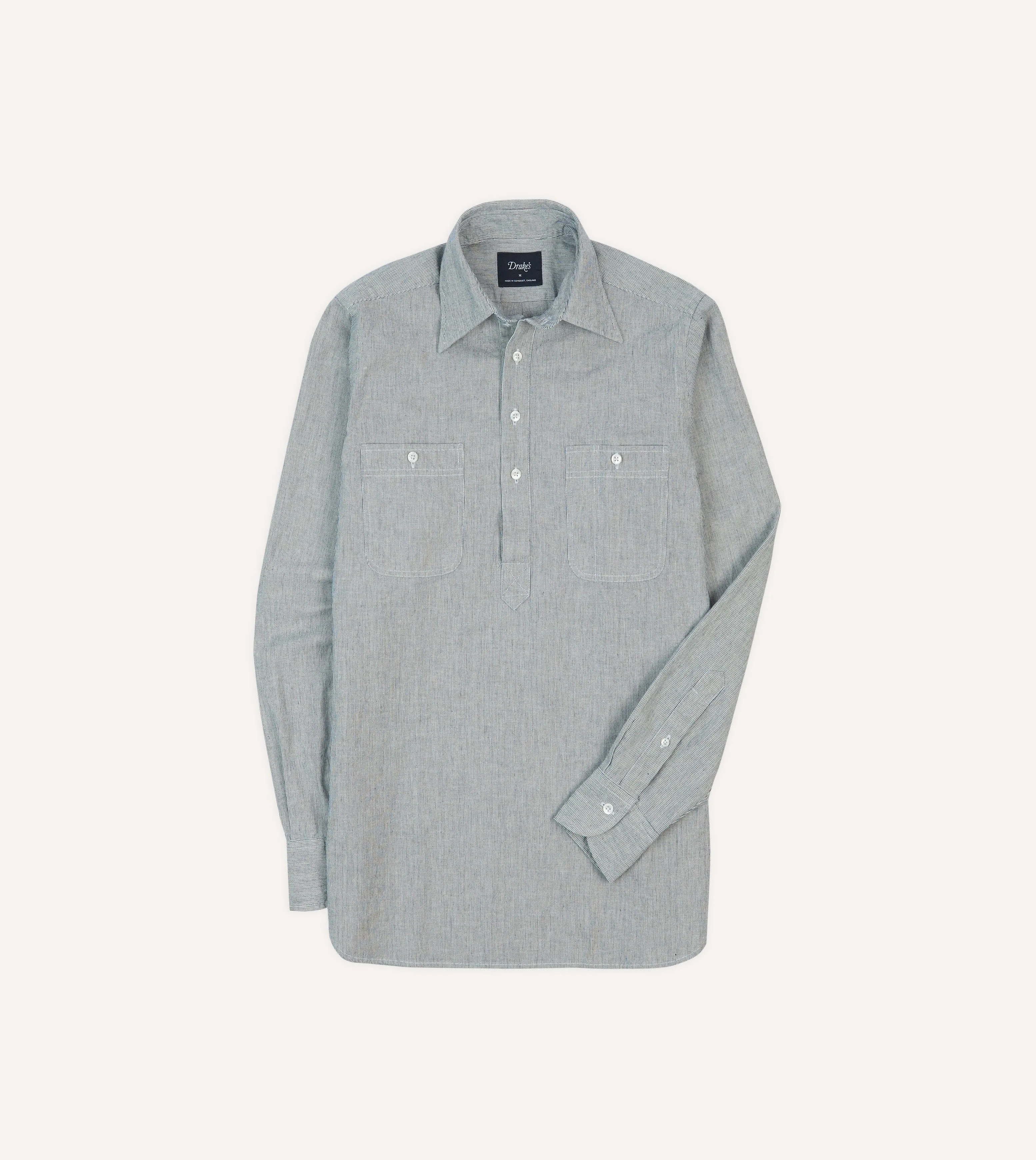 Blue Hickory Stripe Cotton Long Point Collar Popover Shirt Fit for All Seasons Modern innovation