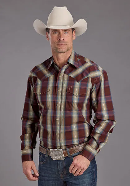 Stetson Men's L/S Red Rock Dobby Plaid Western Snap Shirt in Wine Comfy Choice Relaxed Wearable