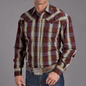 Simple Look Moisture Management Fabric Stetson Men's L/S Red Rock Dobby Plaid Western Snap Shirt in Wine