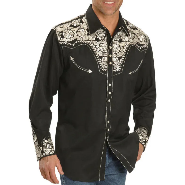 Quick Drying Scully Men's Floral Embroidered Western Snap Shirt in Black