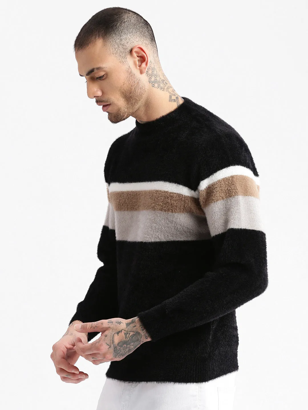 Men's Round Neck Striped Black Pullover Go-To Fit FourWay Stretch Fabric