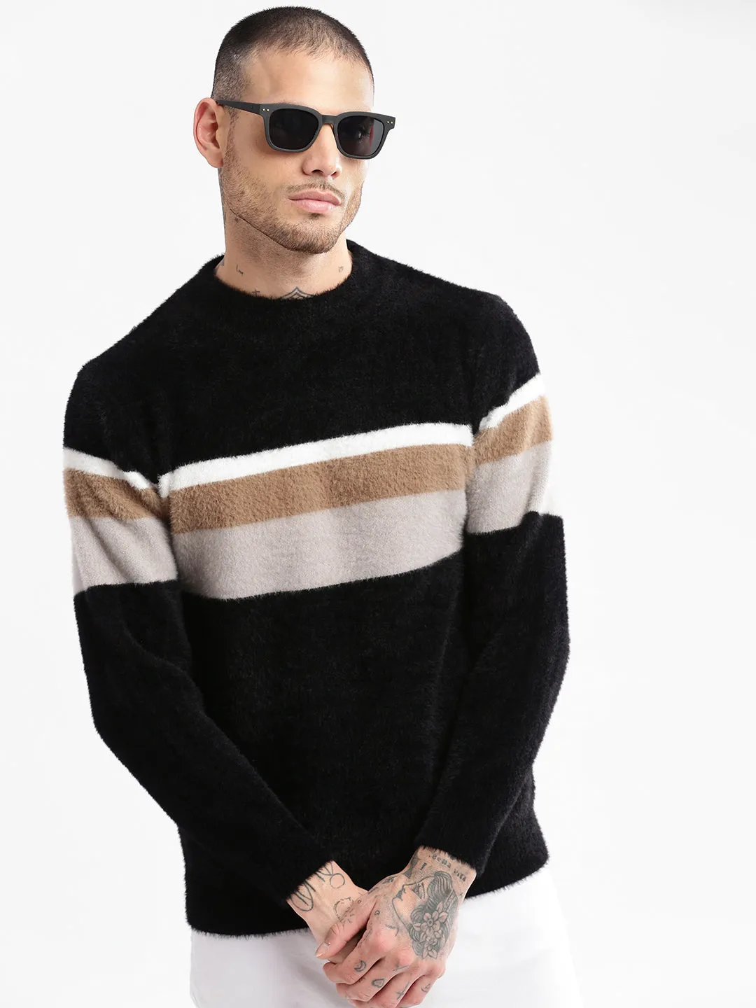 Low Impact Dye Men's Round Neck Striped Black Pullover
