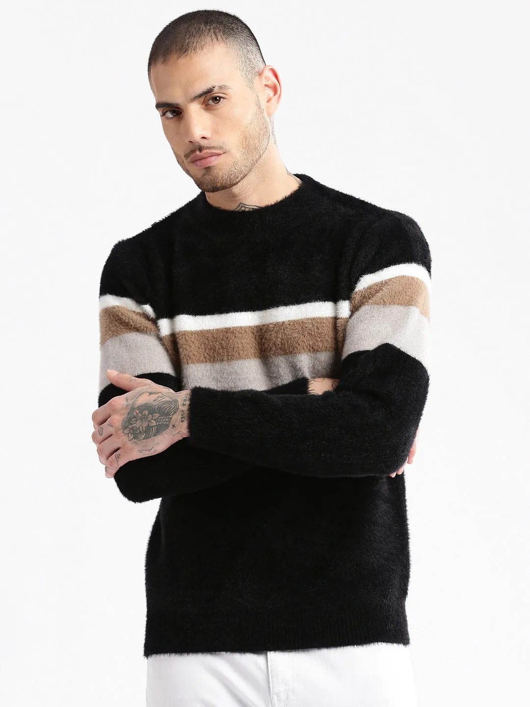 Men's Round Neck Striped Black Pullover Subtle Detail