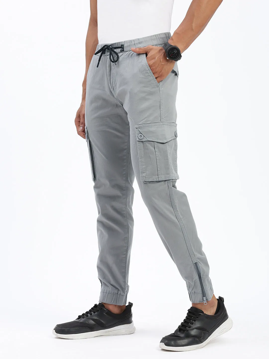 Day Ready Men's Grey Comfort Slim Fit Cotton Joggers Trousers