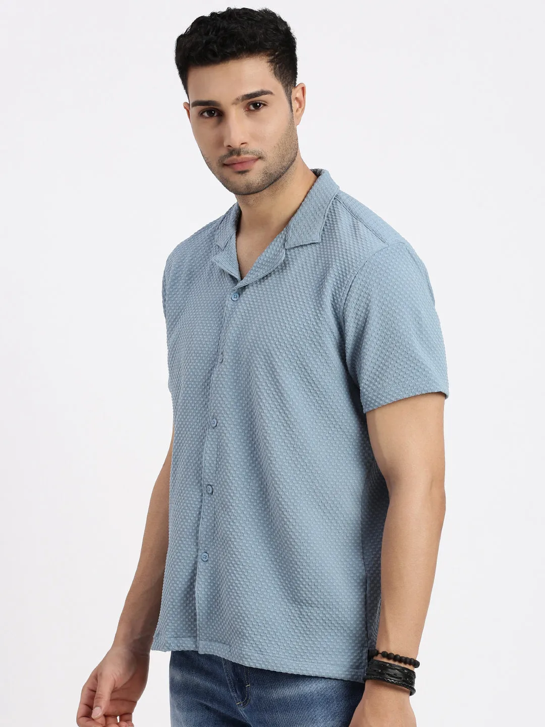 Men's Blue Cuban Collar Solid Relaxed Fit Shirt Event Vibe