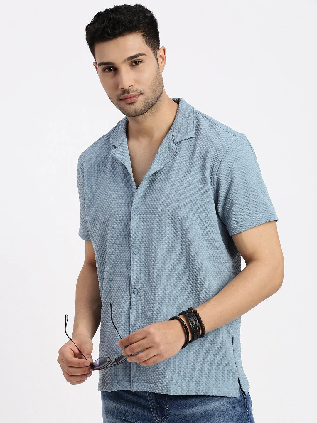 Fashionable Look Men's Blue Cuban Collar Solid Relaxed Fit Shirt