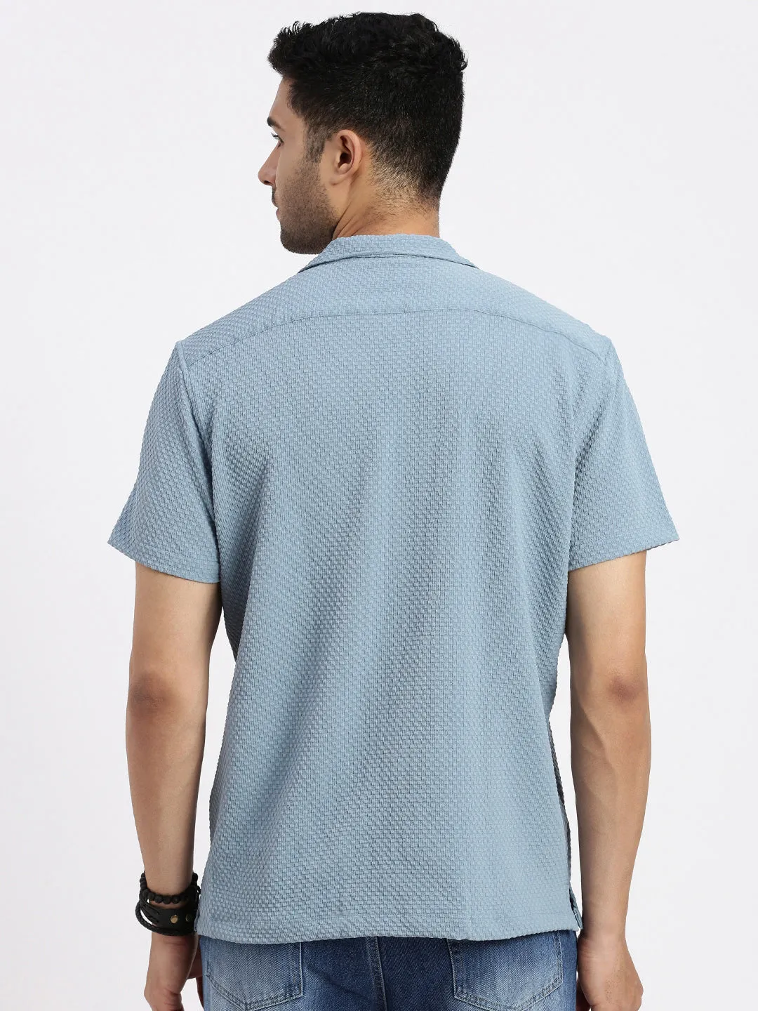 Trend Base Men's Blue Cuban Collar Solid Relaxed Fit Shirt