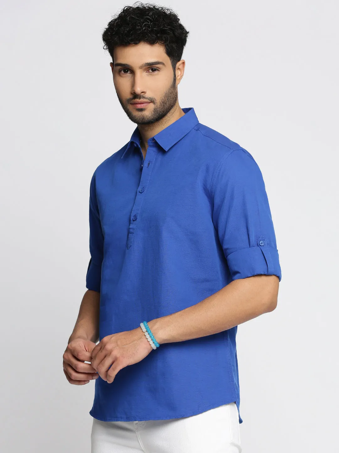 Men's Blue Shirt Collar Linen Pathani Shirt AbrasionResistantThread