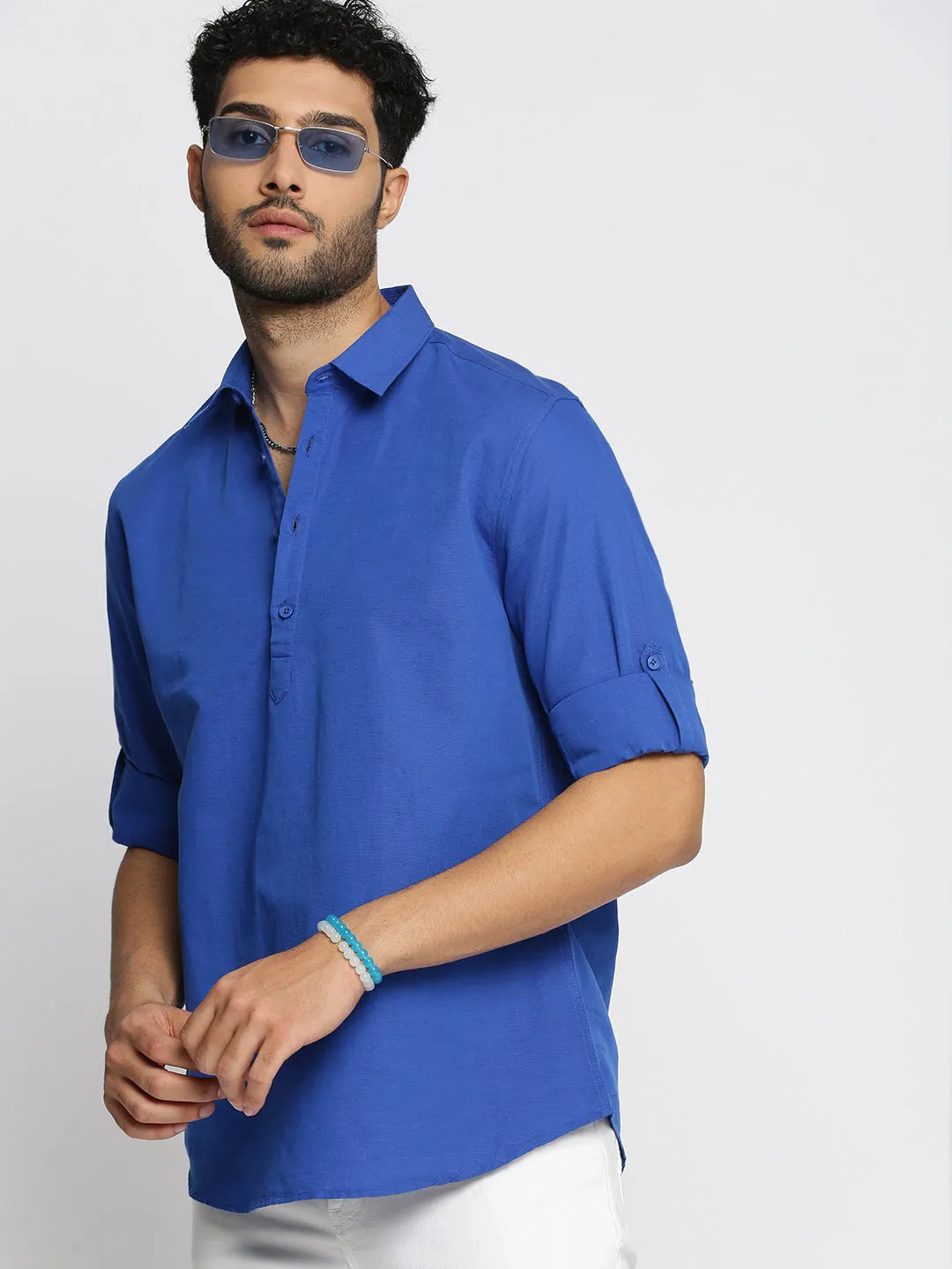 Men's Blue Shirt Collar Linen Pathani Shirt Comfortable Jacket