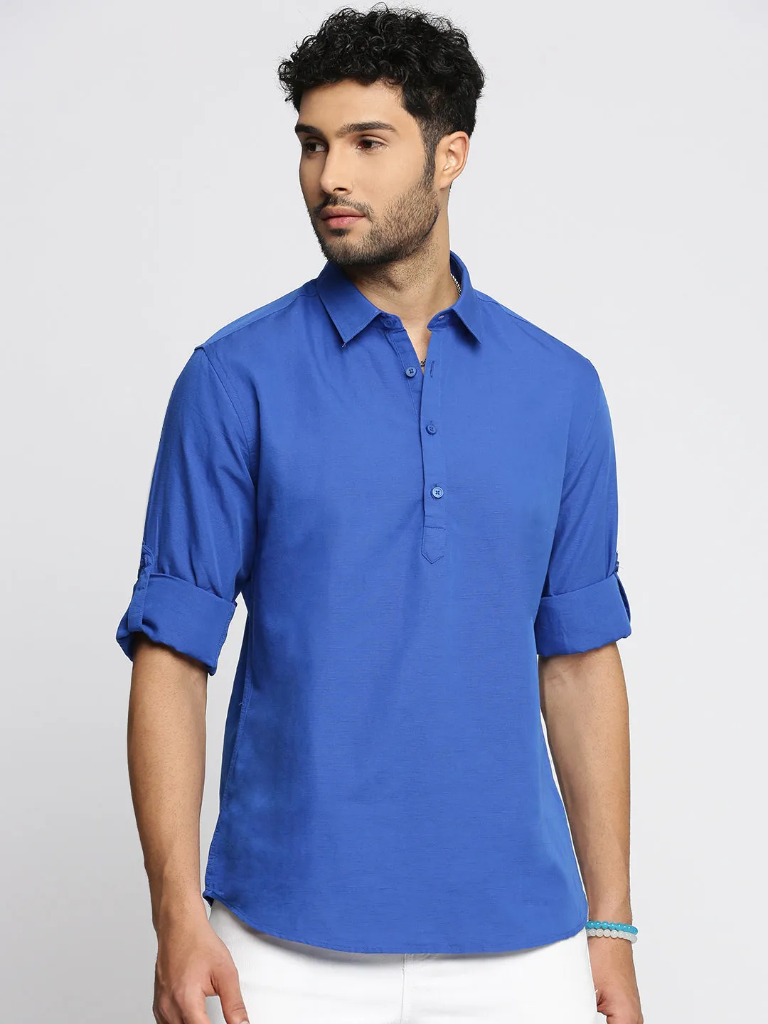 Men's Blue Shirt Collar Linen Pathani Shirt Spark Soul