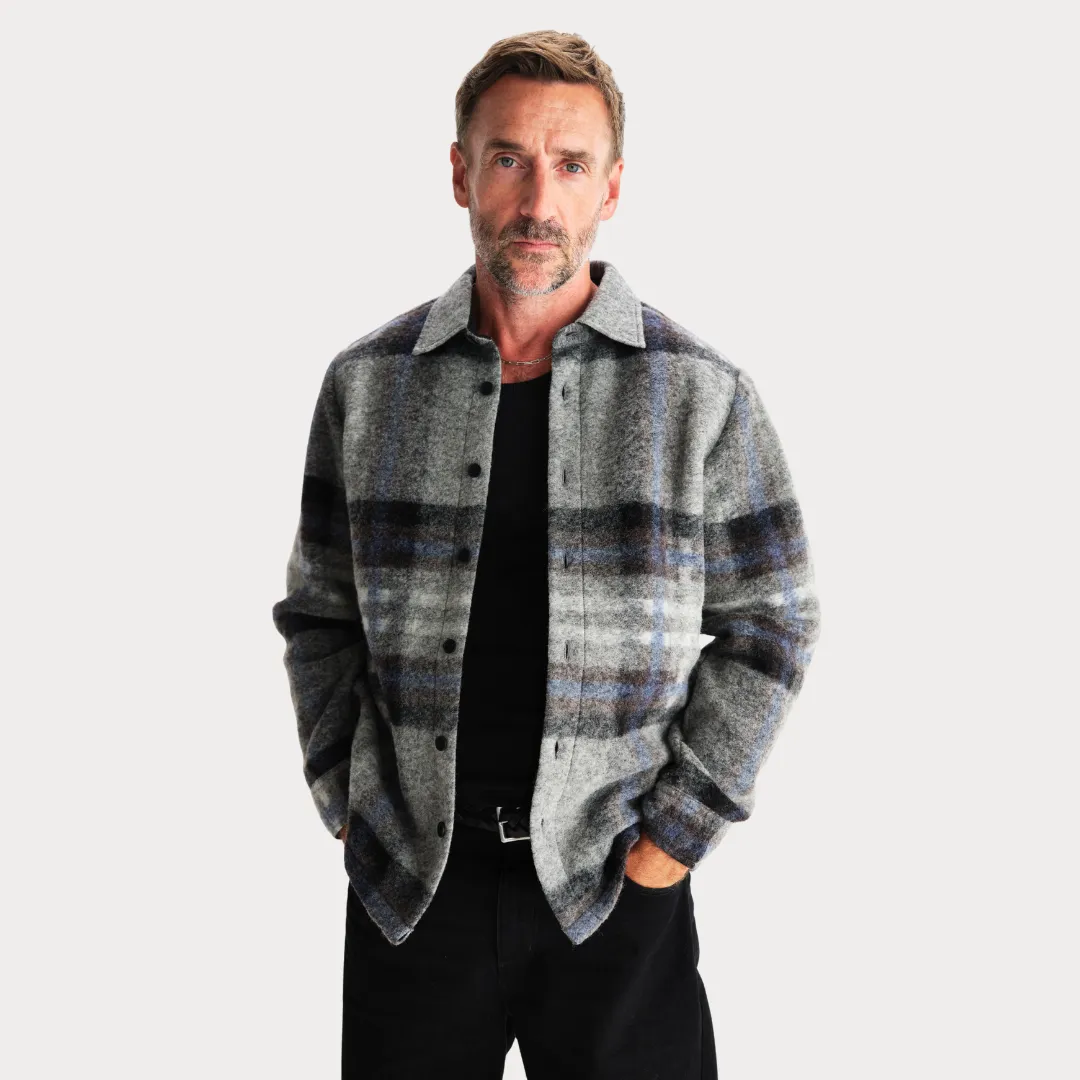 Odor Control Fibers Nolan Overshirt Wool Check (Grey   Blue)