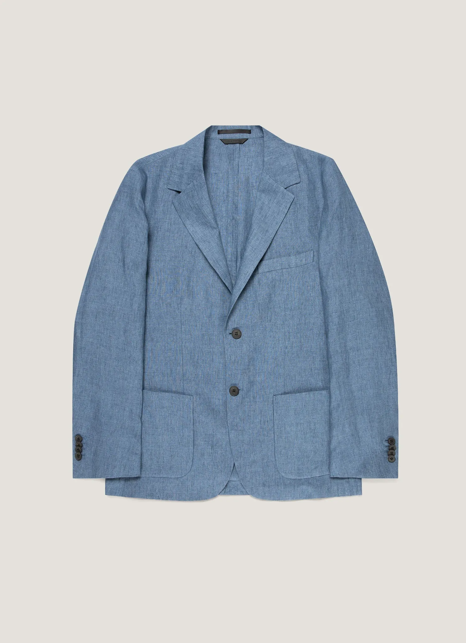 Men's Linen Blazer in Soft Denim Melange Impact Absorbing Back Panels TapedSeamConstruction