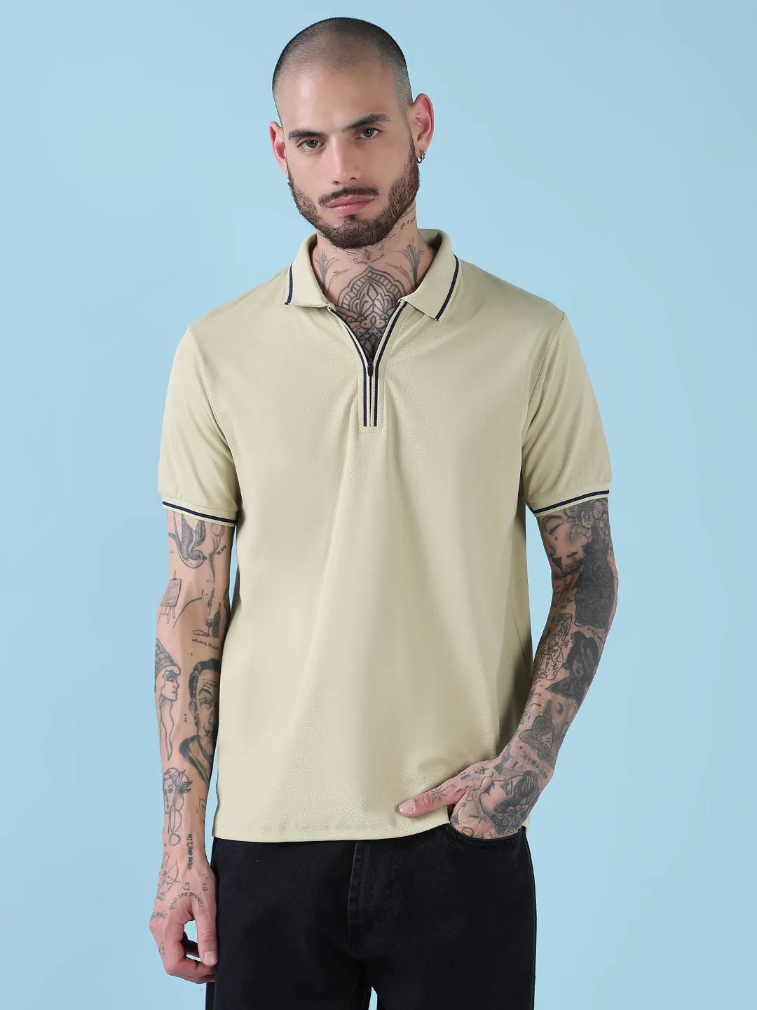 Men's Green Solid Polo Collar T-Shirt Cool Hooded Jacket