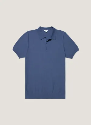 Elastic hem Men's Knit Polo Shirt in Soft Denim