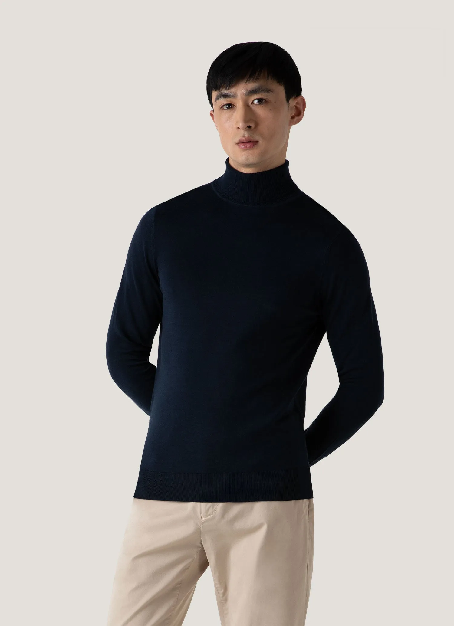 Fall Walk Winter Days Men's Extra-Fine Merino Roll Neck in Light Navy