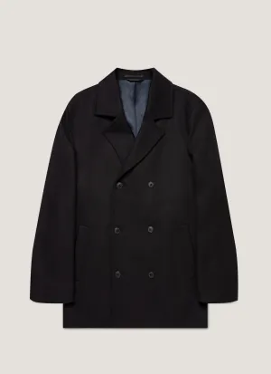 Stretchable Fabric Men's Boiled Wool Pea Coat in Navy