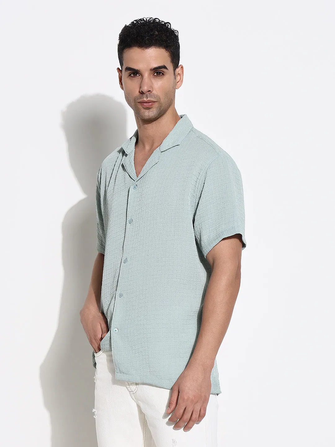 Island Vibe Men's Green Solid Cuban Collar Casual Shirt