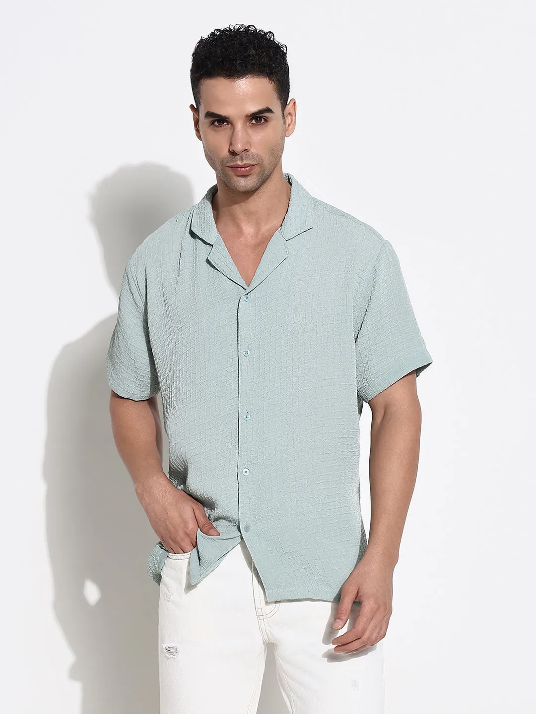 Icon Glow MultiPocket System Men's Green Solid Cuban Collar Casual Shirt