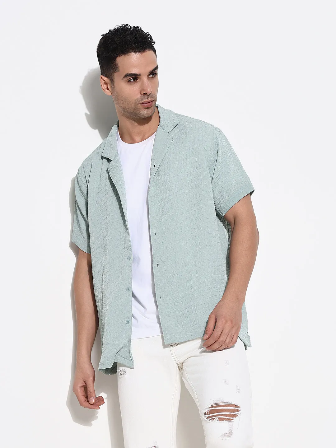 Men's Green Solid Cuban Collar Casual Shirt Relaxed Cut High-Quality Fabric