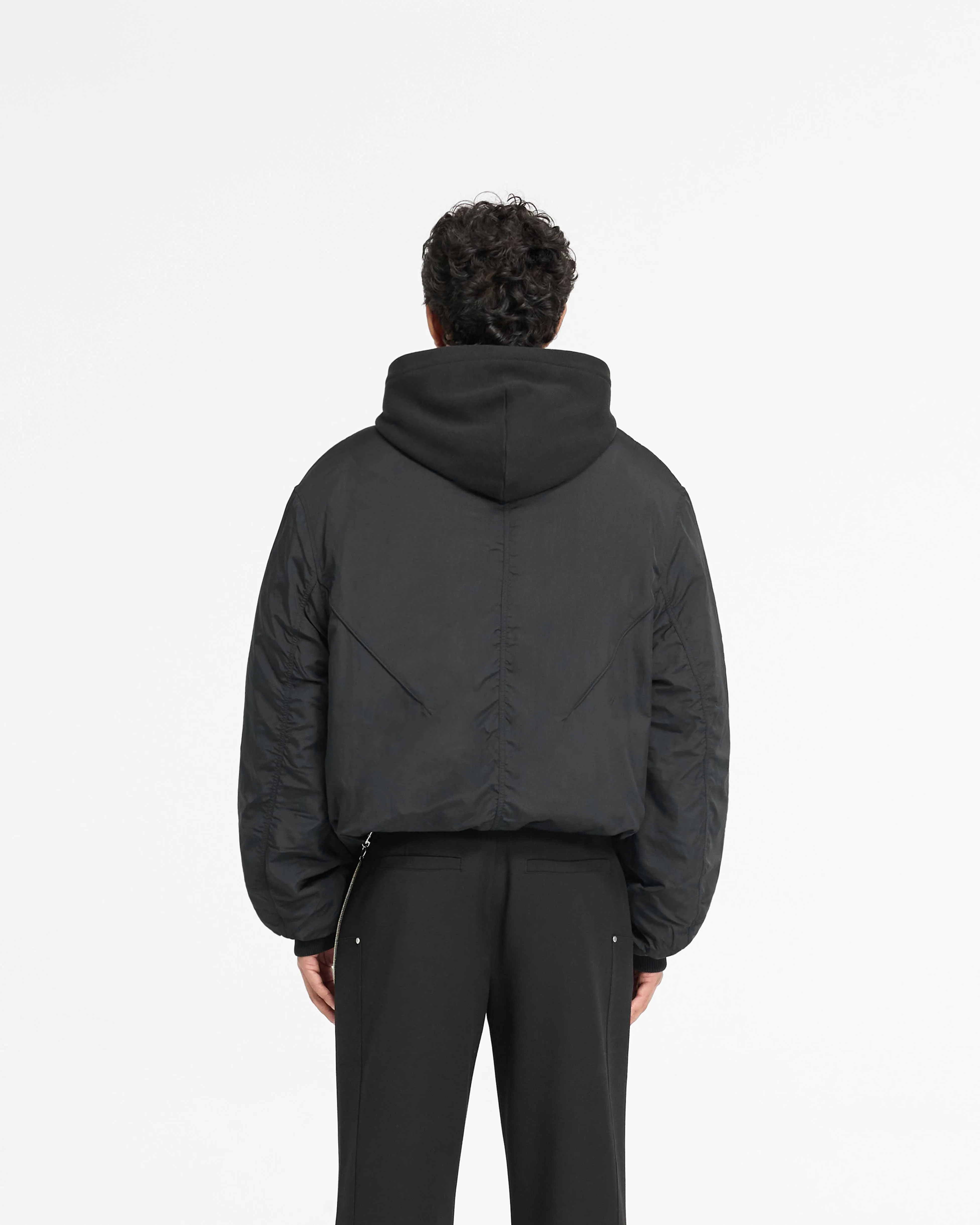 Nylon Hooded Bomber Jacket - Black Non Chafing Neckline