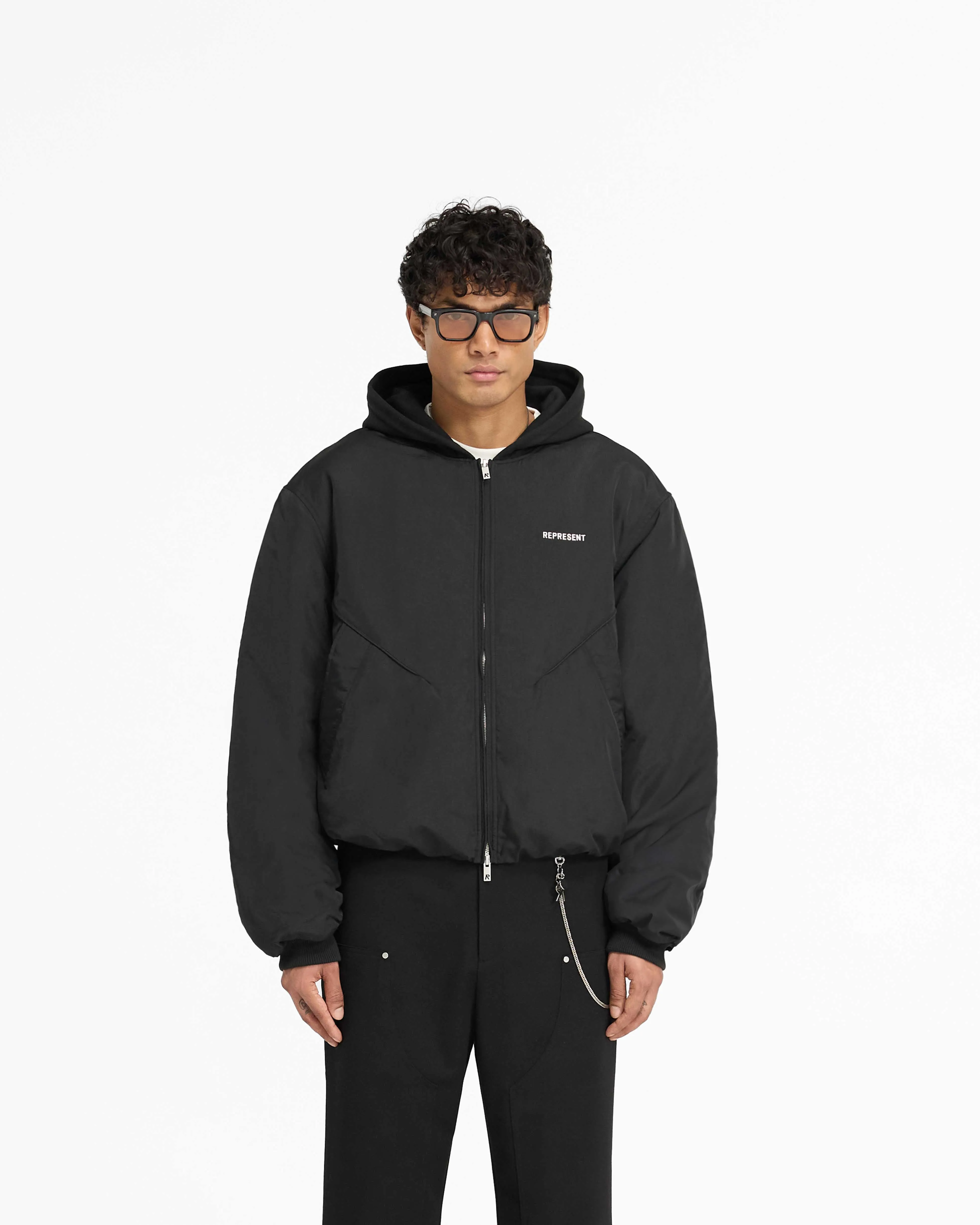 Nylon Hooded Bomber Jacket - Black Fleece Inside