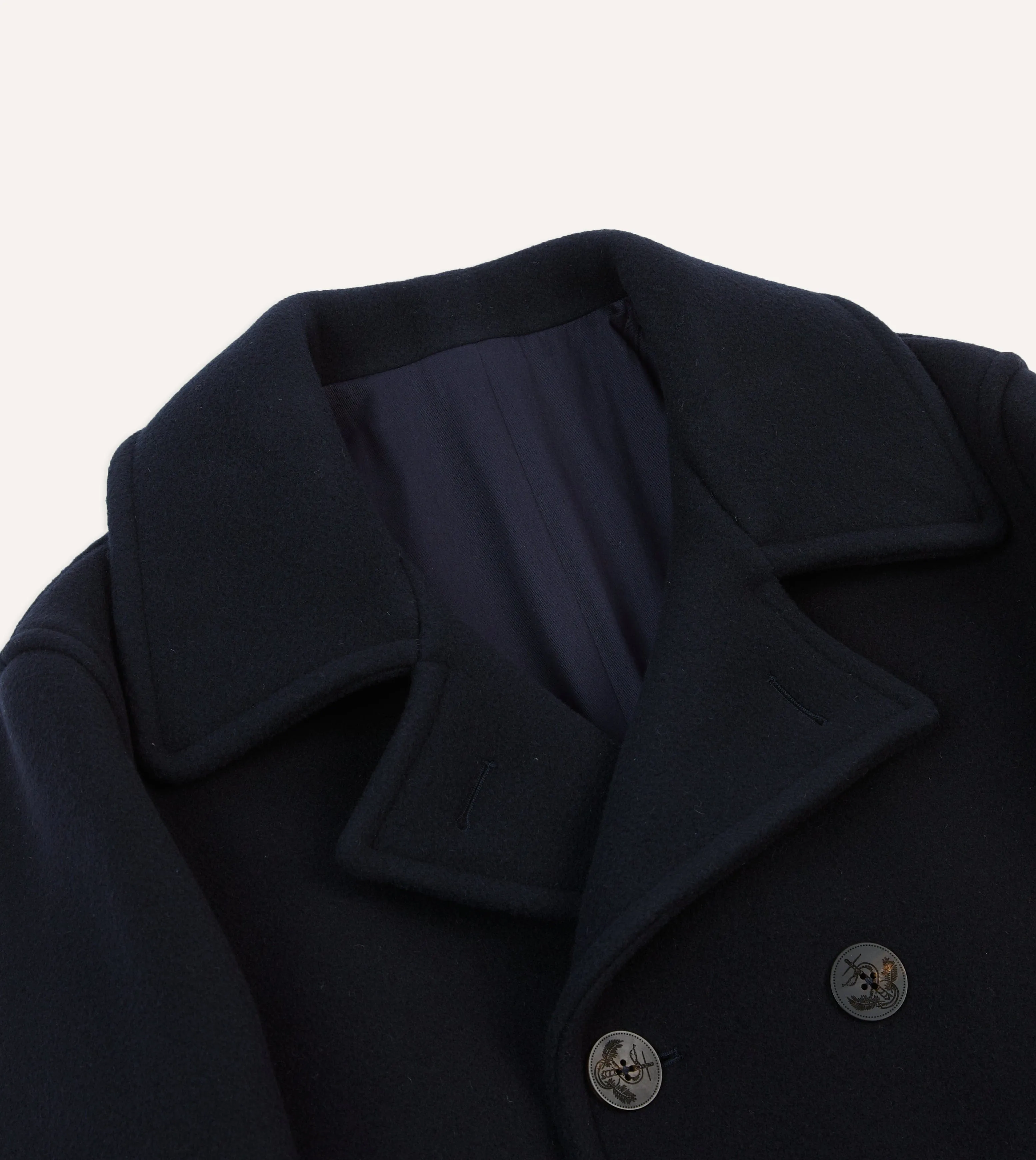 Double Layered Hood Taped Seam Construction Navy Wool Double-Breasted Peacoat