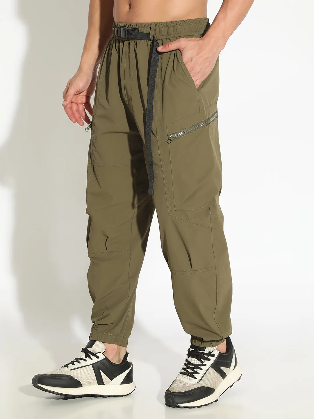 Men's Olive Relaxed Fit Joggers with Attached Adjustable Belt RuggedDurability