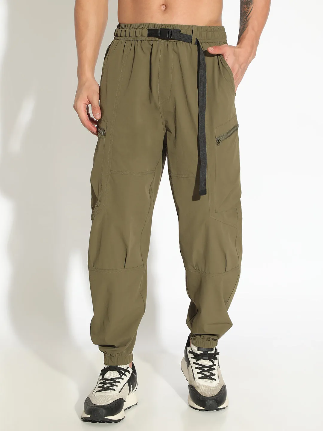 Men's Olive Relaxed Fit Joggers with Attached Adjustable Belt Layer Friendly Utility Pockets