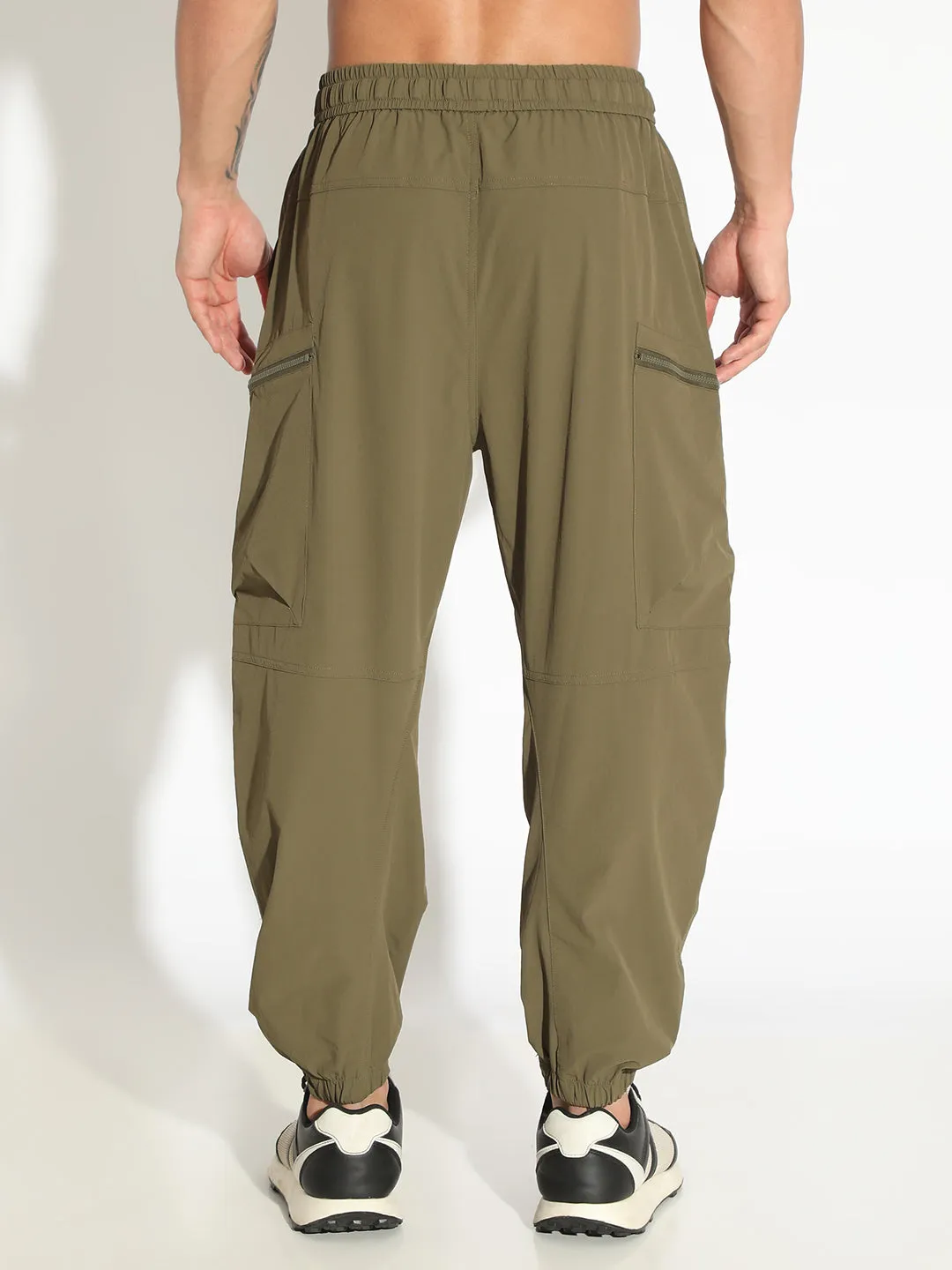 FlexibleKnees Men's Olive Relaxed Fit Joggers with Attached Adjustable Belt