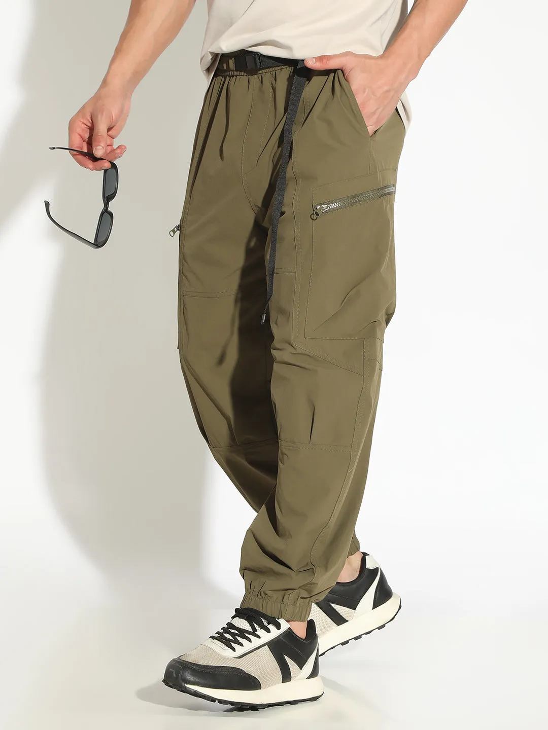 Men's Olive Relaxed Fit Joggers with Attached Adjustable Belt Essential Look All-day Flex