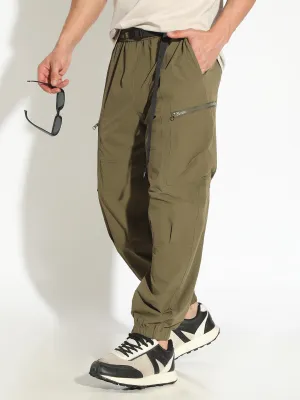 Men's Olive Relaxed Fit Joggers with Attached Adjustable Belt Essential Look All-day Flex