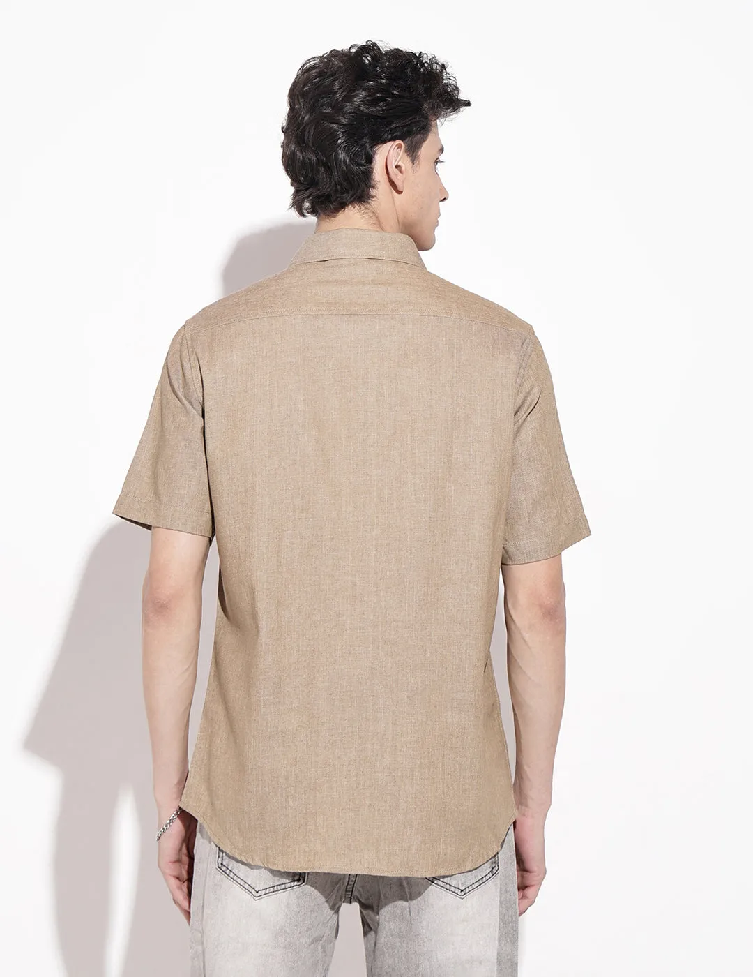 Men's Brown Spread Collar Shirt Elite Core Timeless Dress