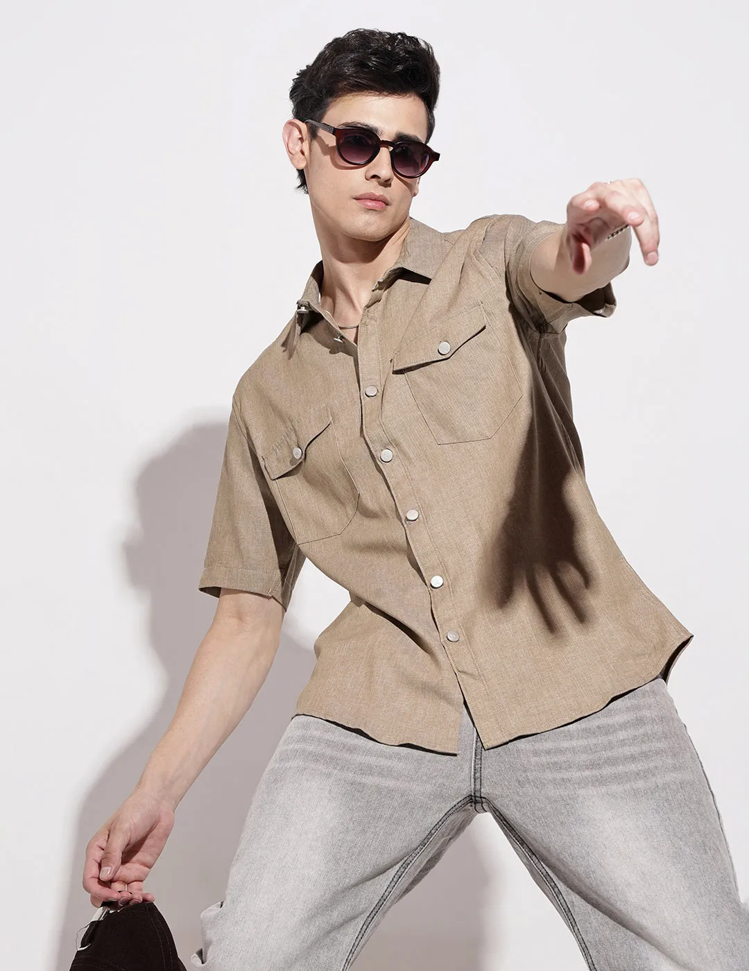 Men's Brown Spread Collar Shirt Flexible Material Light Wool