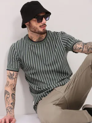 Sporty Design Men's Green Vertical Striped T-Shirt