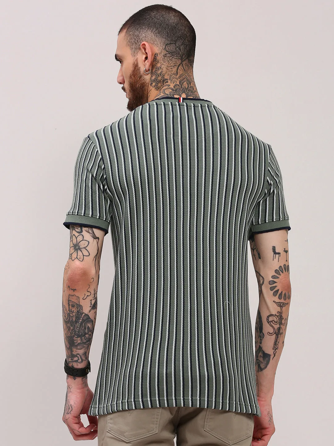 Star Soul Men's Green Vertical Striped T-Shirt